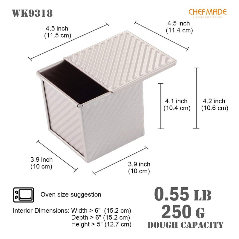 CHEFMADE Mini Pullman Loaf Pan with Lid, 0.55Lb Dough Capacity Non-Stick Rectangle Corrugated Toast Box for Oven Baking 3.9" x 3.9"x 3.9"(Champagne Gold) - Image 3